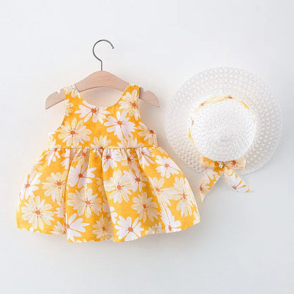 2Pcs/Set Daisy Dress For Girls Summer Sweet Bow Baby Beach Dresses Newborn Toddler Clothes 0 To 3 Years Old Children + Hat