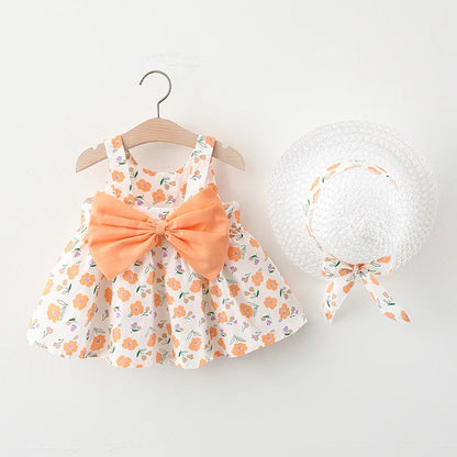 2024 Summer Baby Clothes Toddler Girl Dresses Korean Cute Bow Sleeveless Flowers Princess Dress+Sunhat Kids Clothing Set BC003