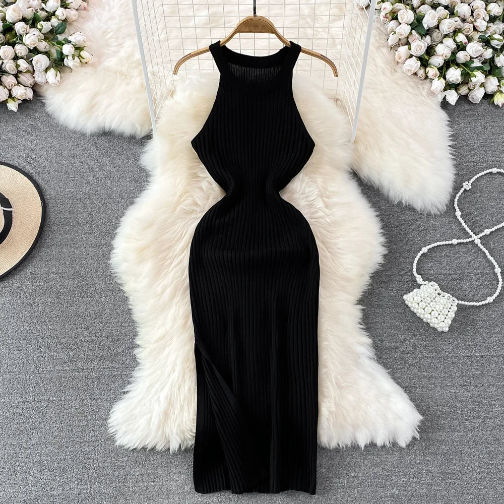 Knitted Bodycon Dress Woman Knit Maxi Dresses for Women Sleeveless Elastic Damska Sexy Hollow Out Cut Out Long Dress Outfits