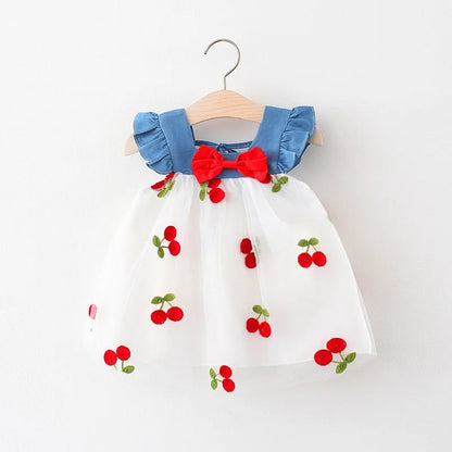 Summer Girls Dress Cute And Sweet Denim Mesh Strawberry Embroidered Princess Dress Party Dress