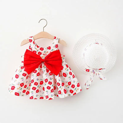 Summer children's clothing 2024 baby dress fashionable big bow princess dress girl floral dress children's suspender dress+hat