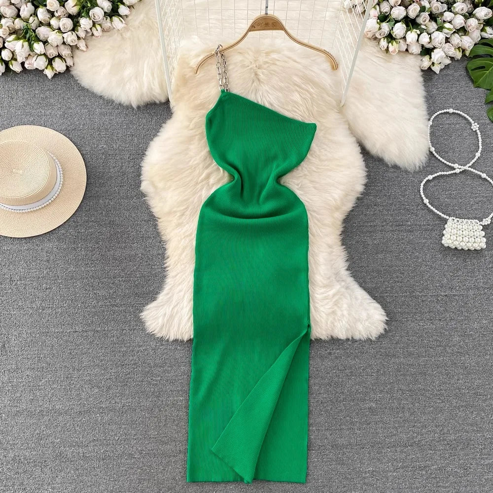 YuooMuoo Women Dress Sexy One Shoulder Package Hips Split Bodycon Dress Summer Fashion Lady Knitting Long Party Vestidos