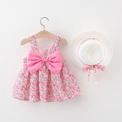 2 Pcs Baby Girl Dress Set Summer Baby Girl Cute Full Body Printed Large Bow Sleeveless Princess Dress+Hat Children's Clothing