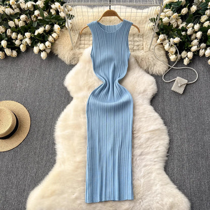 REALEFT Summer White Sleeveless Knitted Women's Dresses 2025 New O-neck Solid Elegant Straight Wrap Tank Dress Female