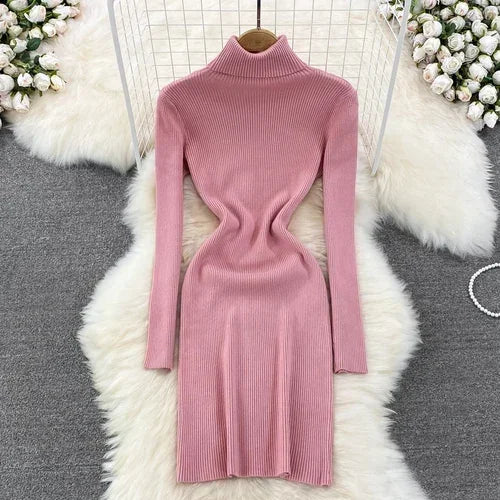 Elegant Turtleneck Long Sleeve Knit Bodycon Pencil Dress Slim Basic Fashion Sweater Vestido Sexy Women Autumn Winter Clothing