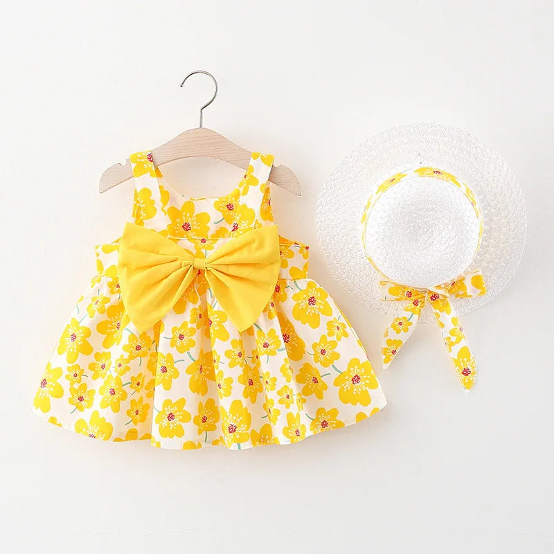 2024 Summer Baby Clothes Toddler Girl Dresses Korean Cute Bow Sleeveless Flowers Princess Dress+Sunhat Kids Clothing Set BC003