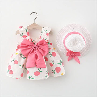 2Pcs/SetSummer girls dress children's clothing new small suspender bow orange print vest skirt with hat as a gift