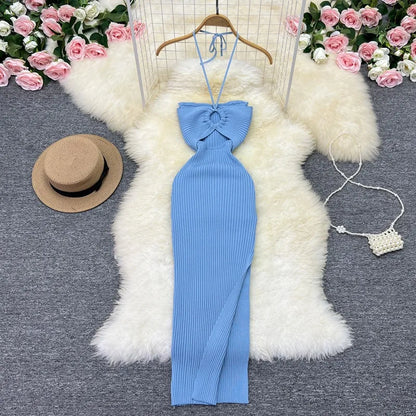 YuooMuoo Women Dress 2024 New Party Fashion Sexy Wrap Hips Halter Knitted Bodycon Dress Vacation Style Lady Beach Vestidos