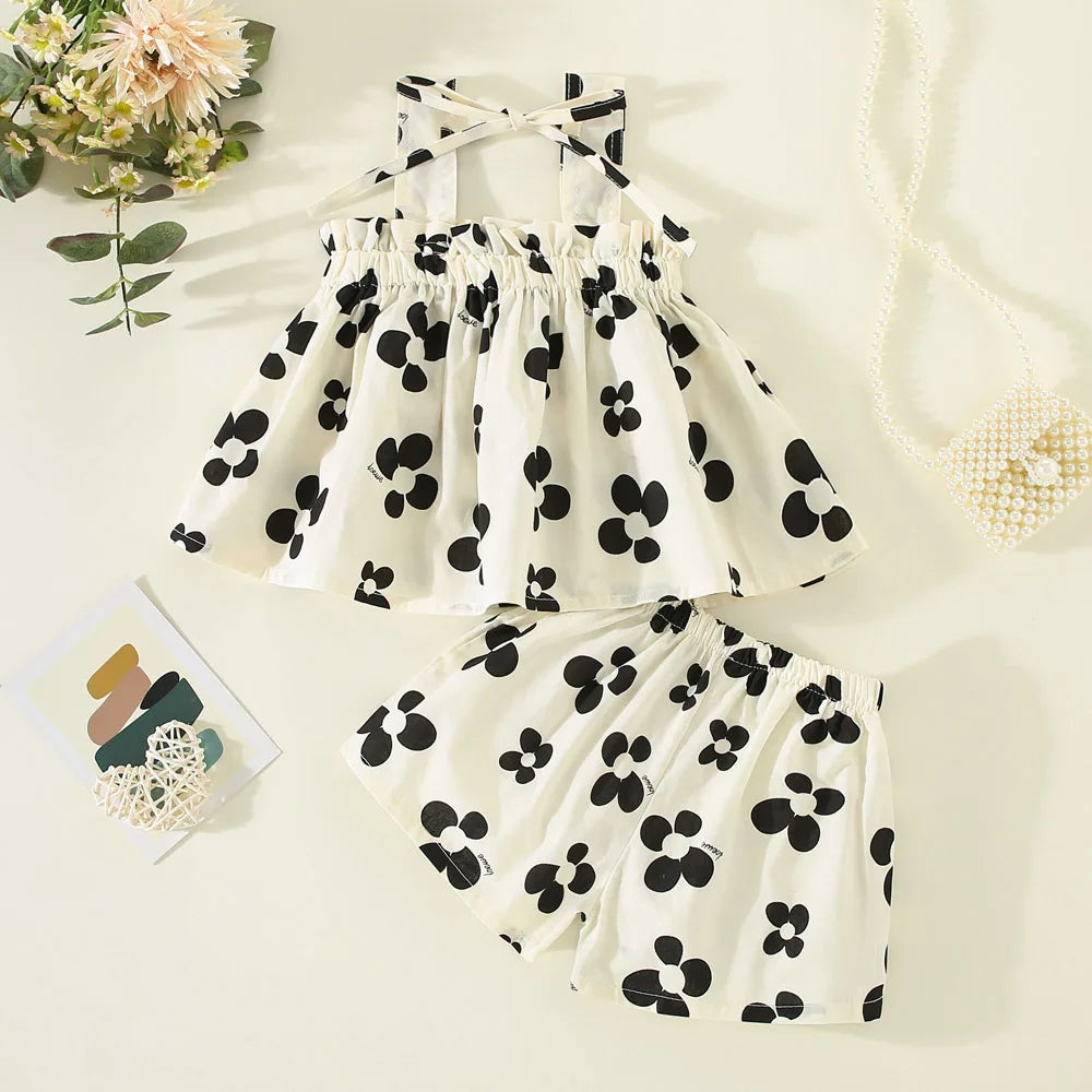 2Pcs/SetSummer girls set children's clothing bow and suspender top shorts sweet printed two-piece set