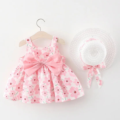 Summer children's clothing 2024 baby dress fashionable big bow princess dress girl floral dress children's suspender dress+hat