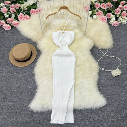 YuooMuoo Women Dress 2024 New Party Fashion Sexy Wrap Hips Halter Knitted Bodycon Dress Vacation Style Lady Beach Vestidos