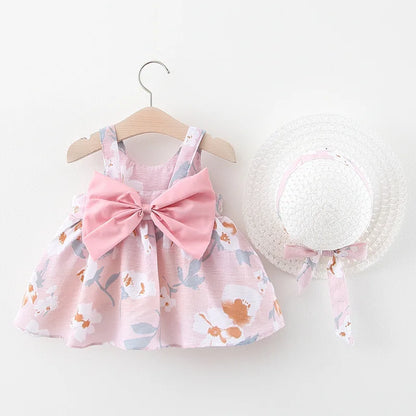 2024 Summer Baby Girls Beach Dresses Casual Fashion Print Cute Bow Flower Princess Dress+Hat Newborn Clothes Infant Clothing Set