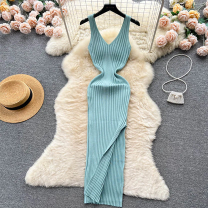 YuooMuoo Chic Fashion Sexy Wrap Hips Split Knitted Autumn Dress Women Slim Elastic Bodycon Long Dress Streetwear Outfits Vestido