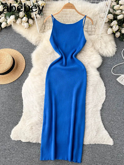 Summer Knit Sexy Strap Dress Women Tank Elatic Waist Bodycon Sundress Female Beach Split Backless Long Dress