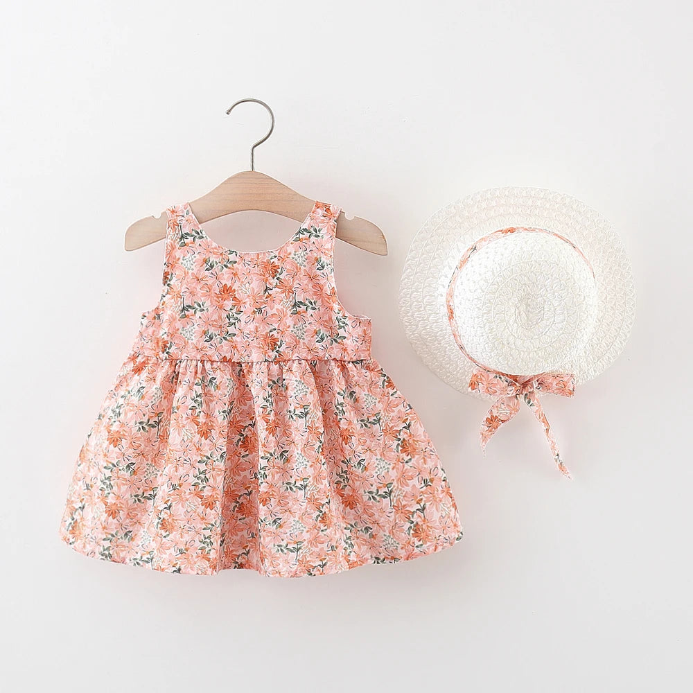 2Pieces Set Baby Outfit Baby Girl Sleeves Flower Printed Kids Princess Dress Summer Sling Bow Dress Send Sunhat