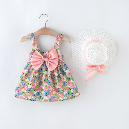 2Pcs/Set Flowers Baby Girl Dresses Summer Fashion Toddler Children Clothes Beach Smooth Dress Kid's Costume Hat 0 To 3 Y