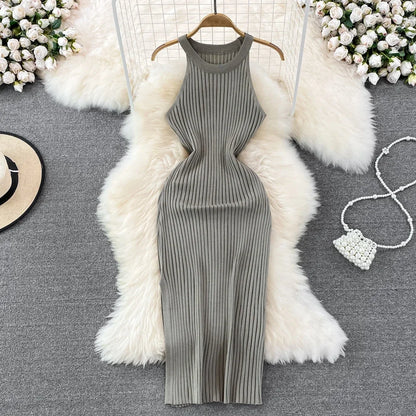 Knitted Bodycon Dress Woman Knit Maxi Dresses for Women Sleeveless Elastic Damska Sexy Hollow Out Cut Out Long Dress Outfits