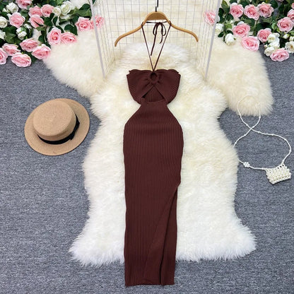 YuooMuoo Women Dress 2024 New Party Fashion Sexy Wrap Hips Halter Knitted Bodycon Dress Vacation Style Lady Beach Vestidos