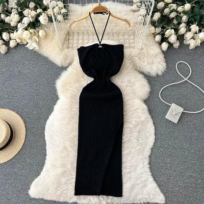 Halter Crochet Bodycone Dress Cut Out Sexy Split Dress Off Shoulder Backless Knit Beach Vestido Women Vacation Fashion Sundress