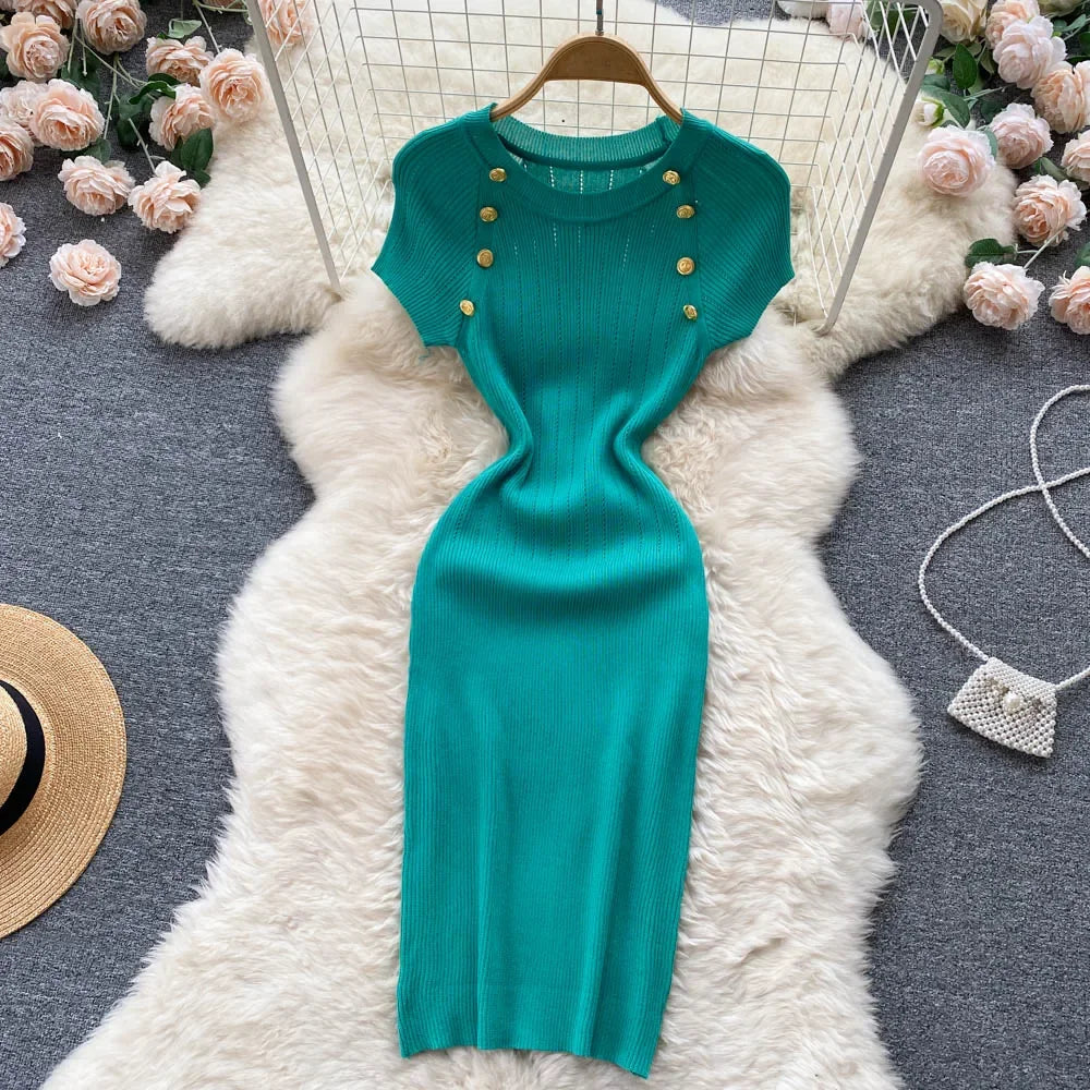 Women Knitted Pencil Dress o Neck Short Sleeve Elastic Slim Sheath Dresses Summer Korean Chic Streetwear Short Dress