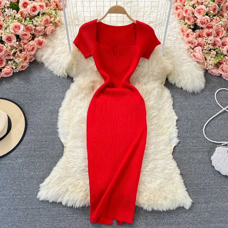 Sexy Chic Elastic Knit Bodycone Pencil Dress Solid Tight Midi Wrap Vestidos Korean Fashion Party Basic Slim Summer Women Robe