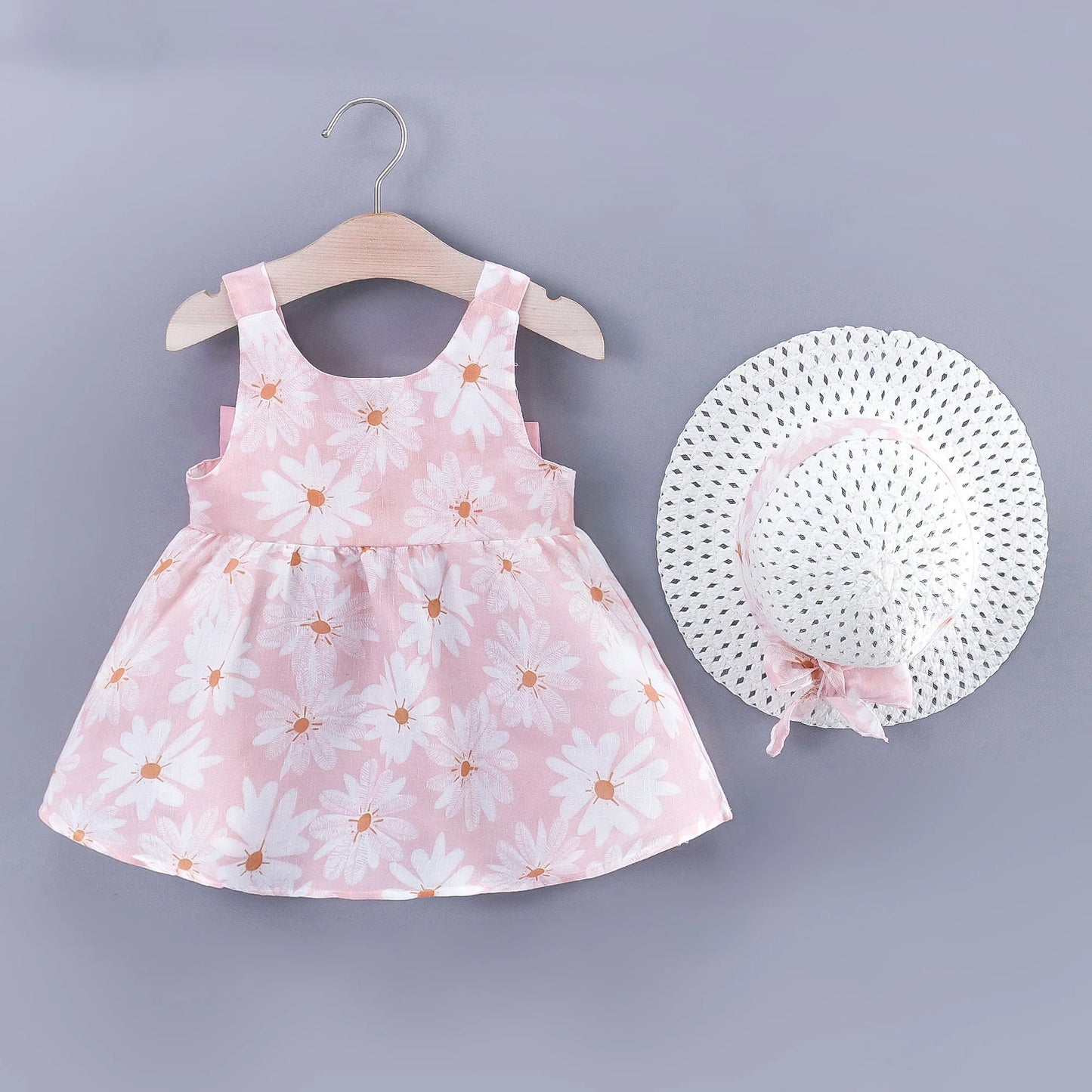 Children's Summer 2/piece Girl Baby Sleeveless Daisy Print Back Big Bow Decoration Beach Dress and Hat Set