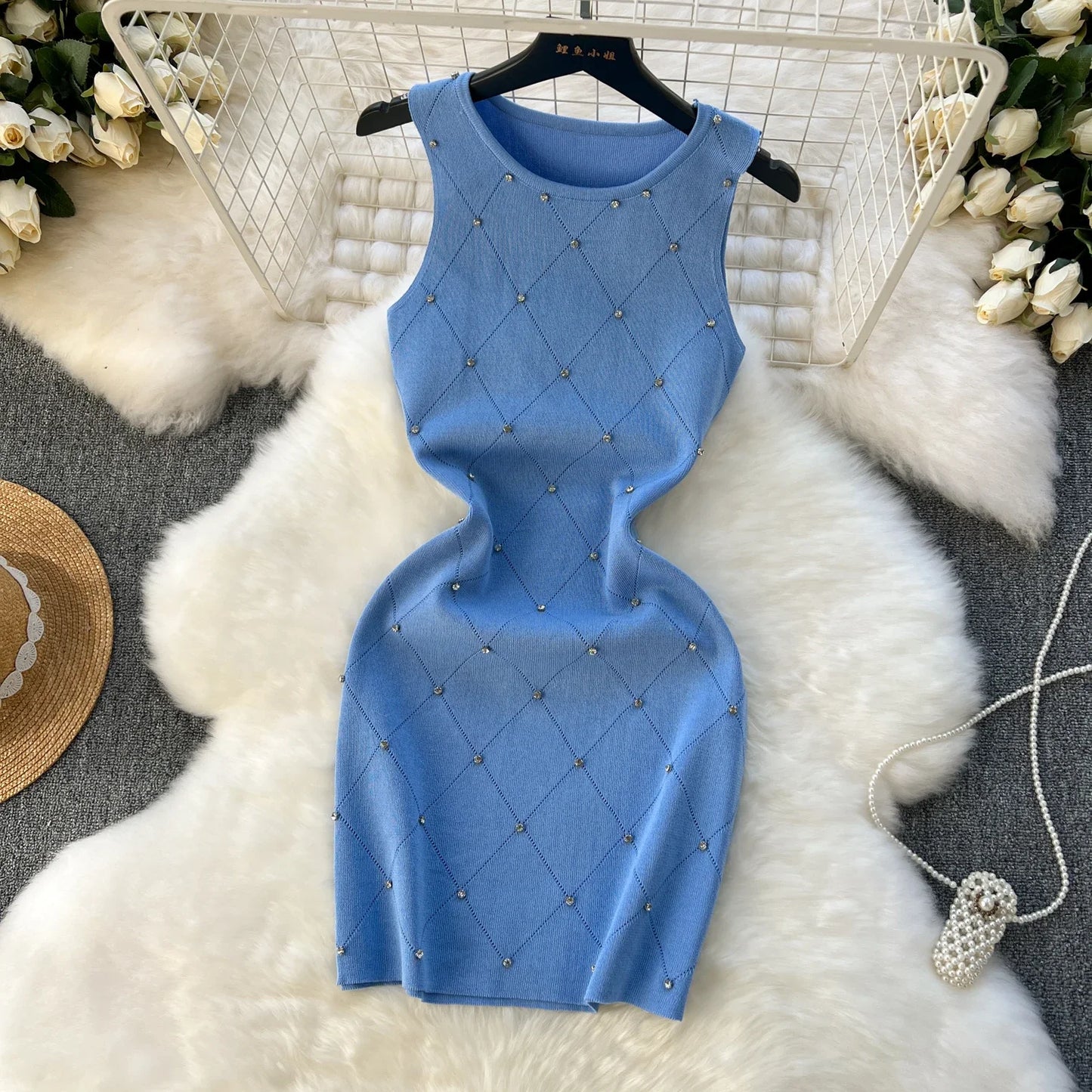 Beading  Summer Women's Knitting Sheath Tank Dress Female Bodycon Knitted Camisole Sleeveless Mini Dresses For Woman Outfits