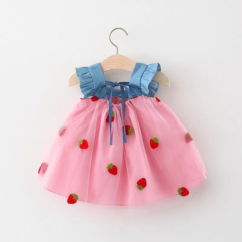 Summer Girls Dress Cute And Sweet Denim Mesh Strawberry Embroidered Princess Dress Party Dress