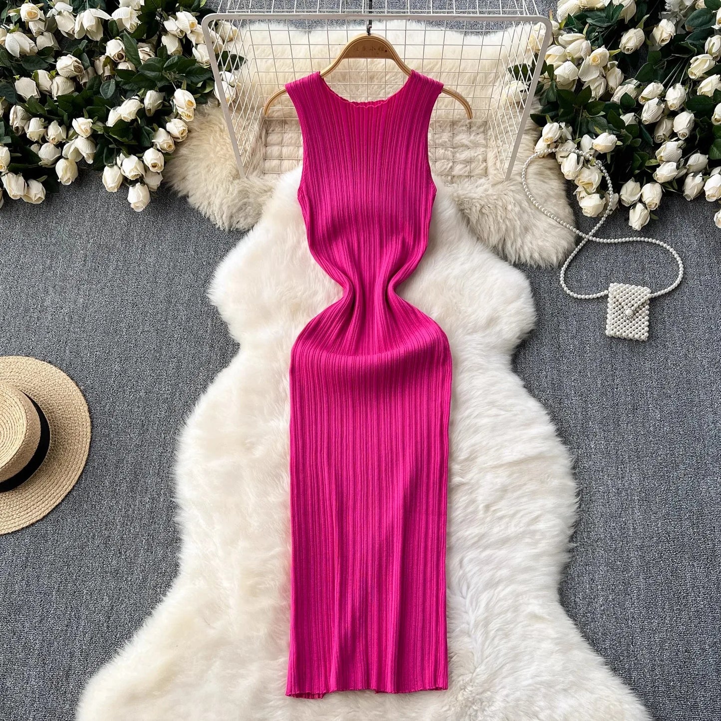 REALEFT Summer White Sleeveless Knitted Women's Dresses 2025 New O-neck Solid Elegant Straight Wrap Tank Dress Female