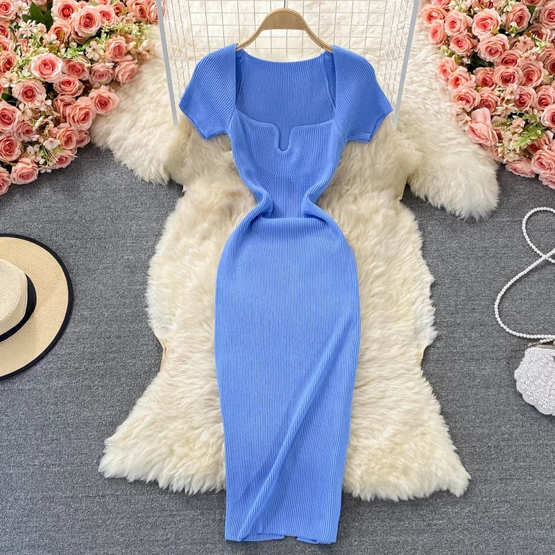 Sexy Chic Elastic Knit Bodycone Pencil Dress Solid Tight Midi Wrap Vestidos Korean Fashion Party Basic Slim Summer Women Robe