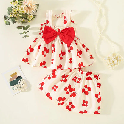 2Pcs/SetSummer girls set children's clothing bow and suspender top shorts sweet printed two-piece set