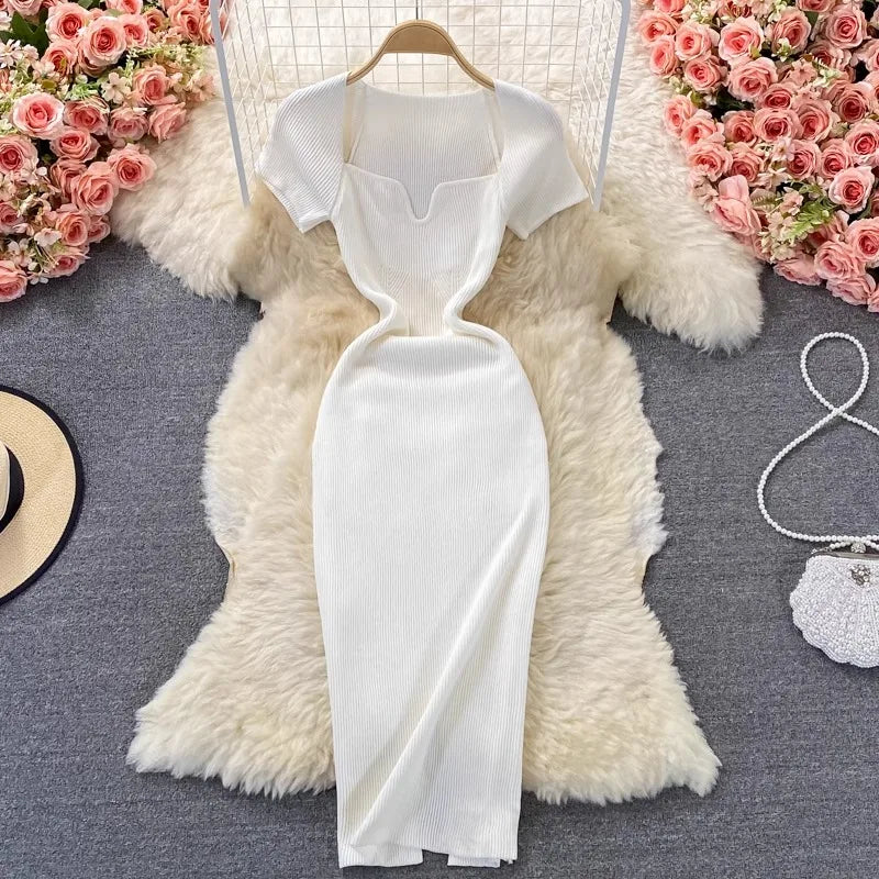 YuooMuoo Spring Summer 2025 Women Dress Elegant Square Collar White Black Knitted Bodycon Dress Korean Office Lady Vestidos