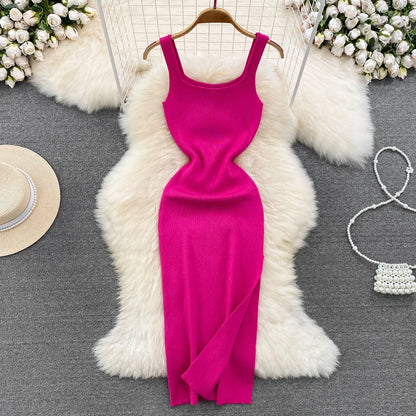 Sexy Sleeveless Bodycon Knit Split Slip Dress Chic Elastic Slim Fashion Party Sundress Women hotsweet Elegant Pencil Vestidos